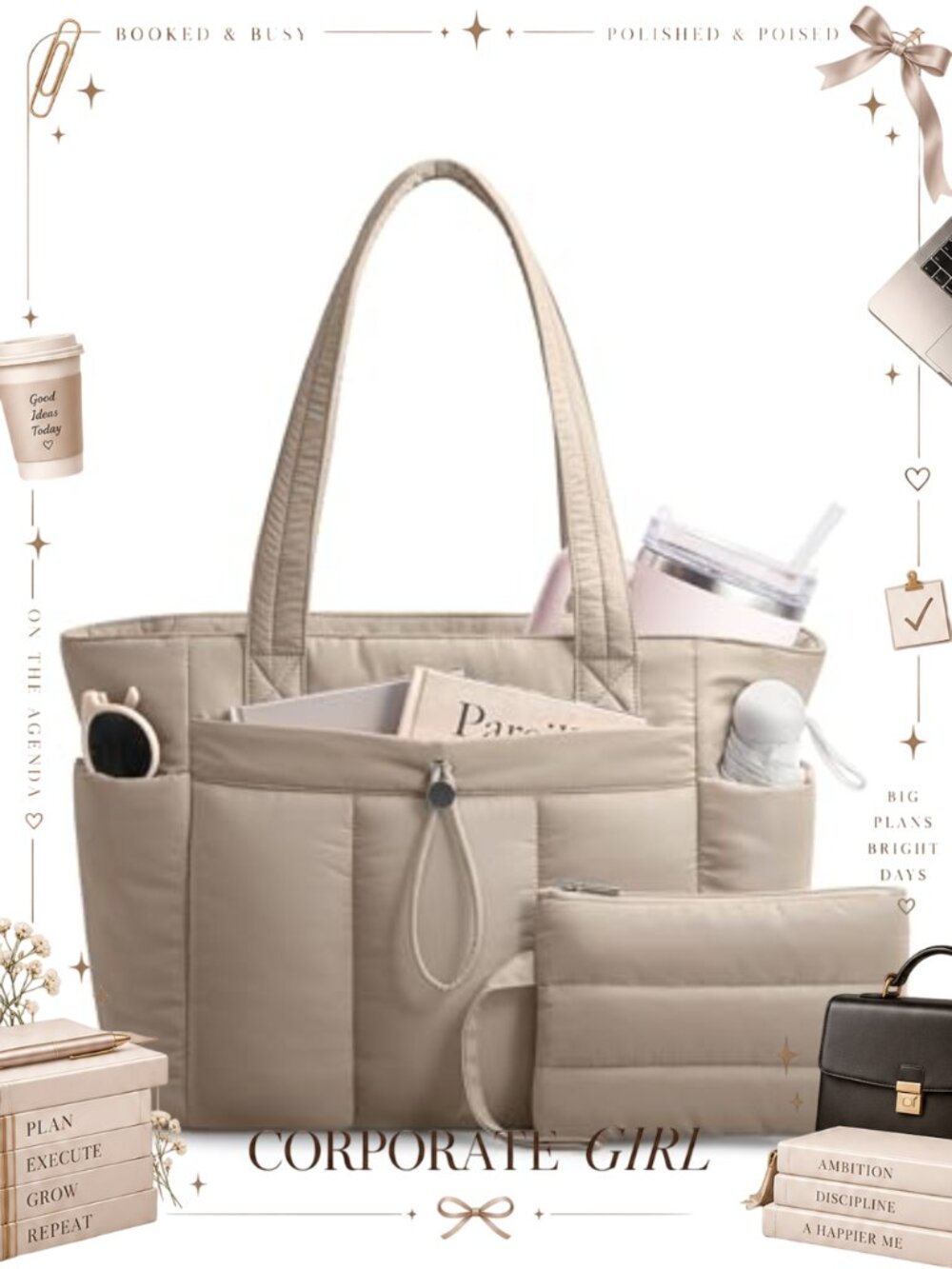 Puffy Tote Bag with Cup Holder Laptop Compartment Cosmetic Bag Trolley Sleeve